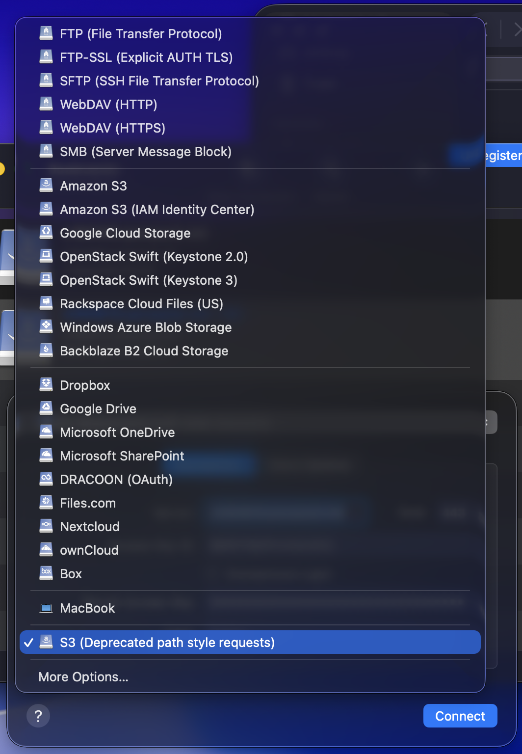 انتخاب پروفایل S3 (Deprecated path style requests) از فهرست پروتکل‌های Cyberduck