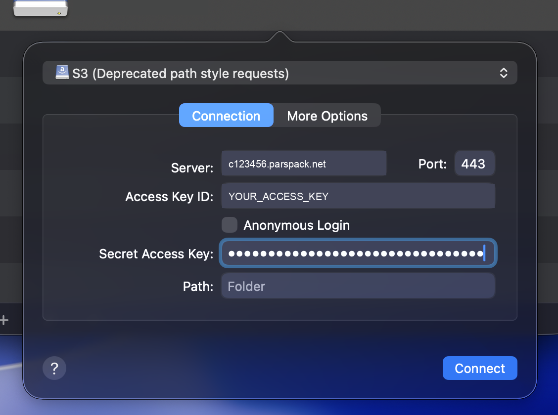پرکردن فیلدهای Server، Access Key ID و Secret Access Key در تب Connection پروفایل S3 Cyberduck