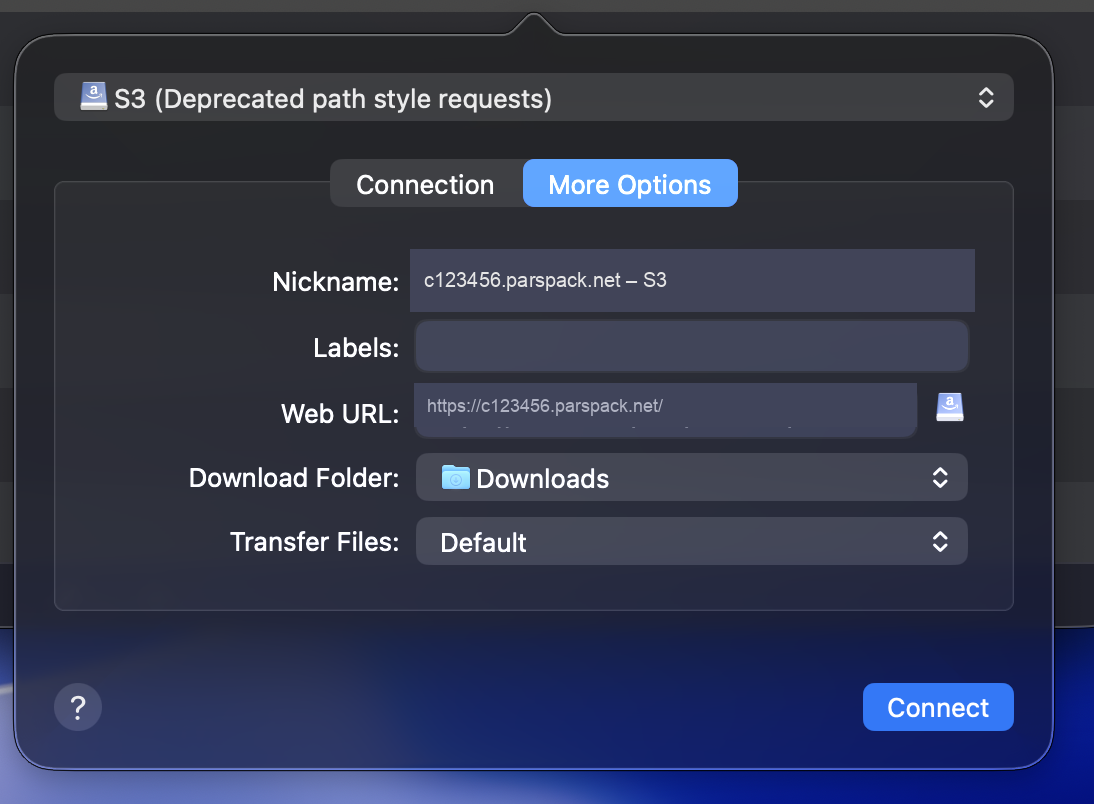 تب More Options با فیلدهای Nickname و Web URL پرشدهٔ خودکار در Cyberduck