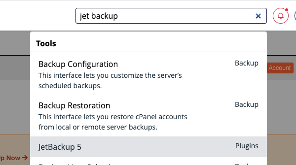 جست‌وجوی JetBackup 5 در پنل WHM