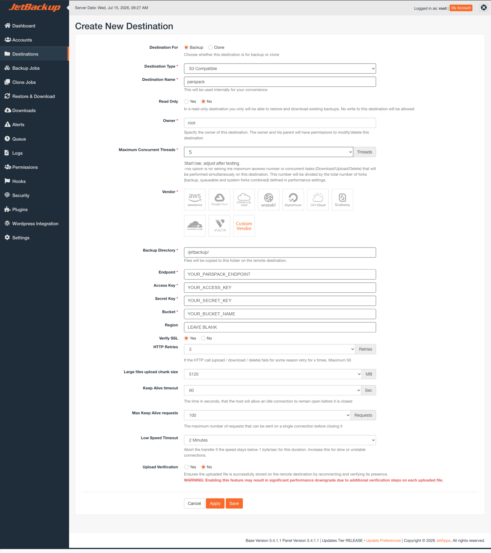 فرم کامل و پاک‌سازی‌شده ساخت S3 Destination در JetBackup