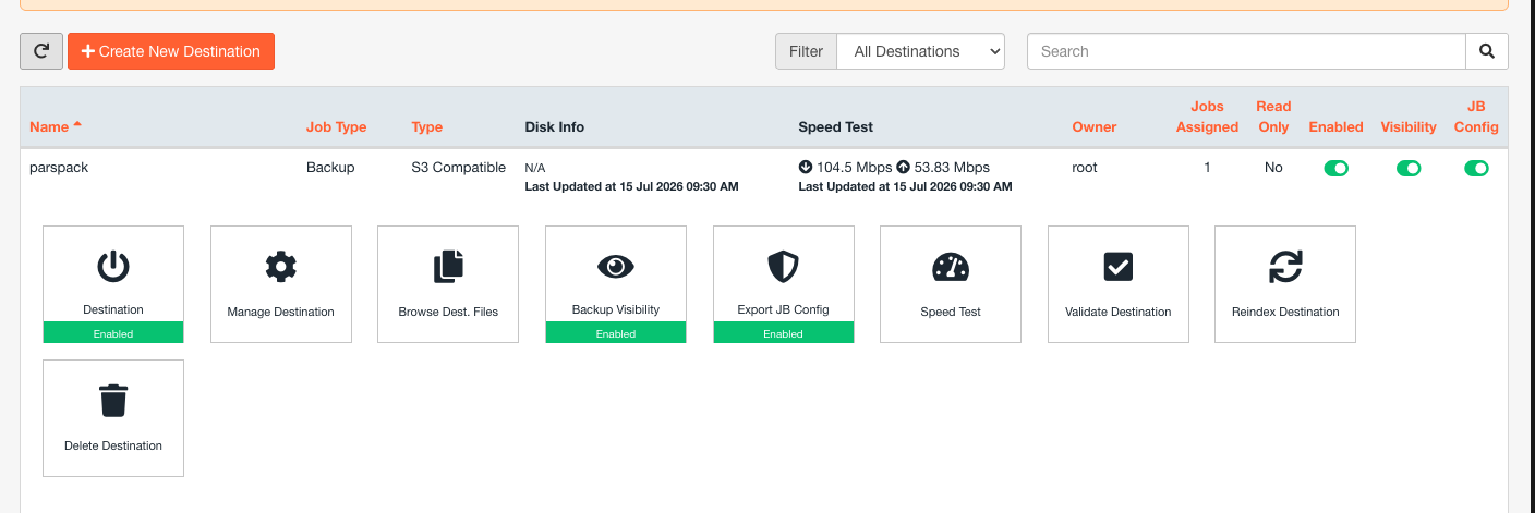 انتخاب Validate Destination در JetBackup