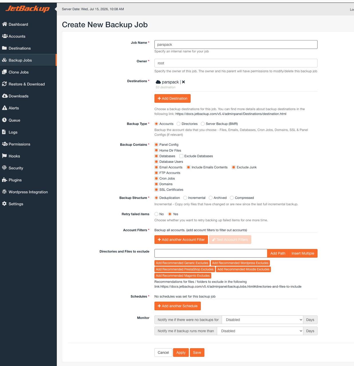 فرم کامل Create New Backup Job در JetBackup