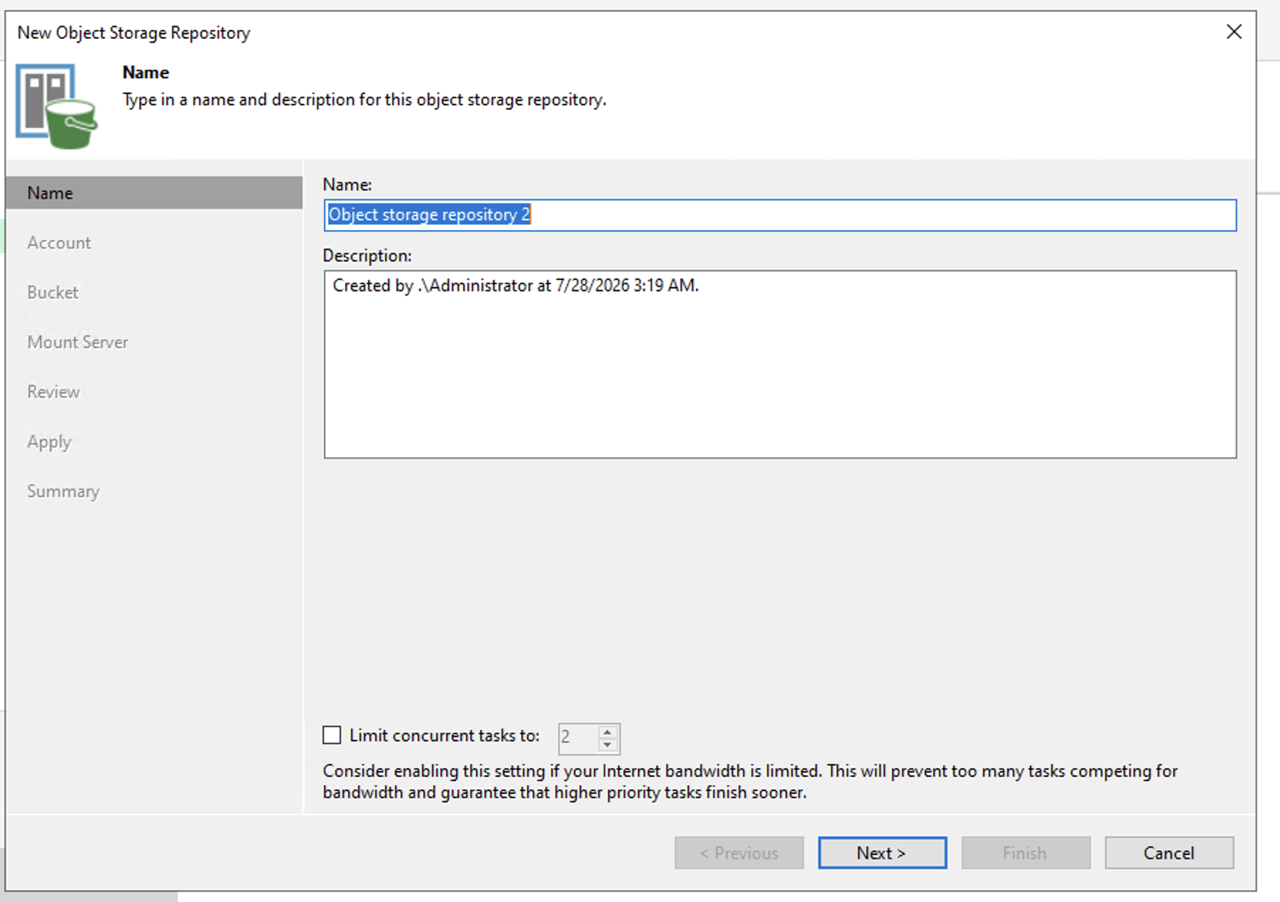وارد کردن نام Object Storage Repository در Veeam