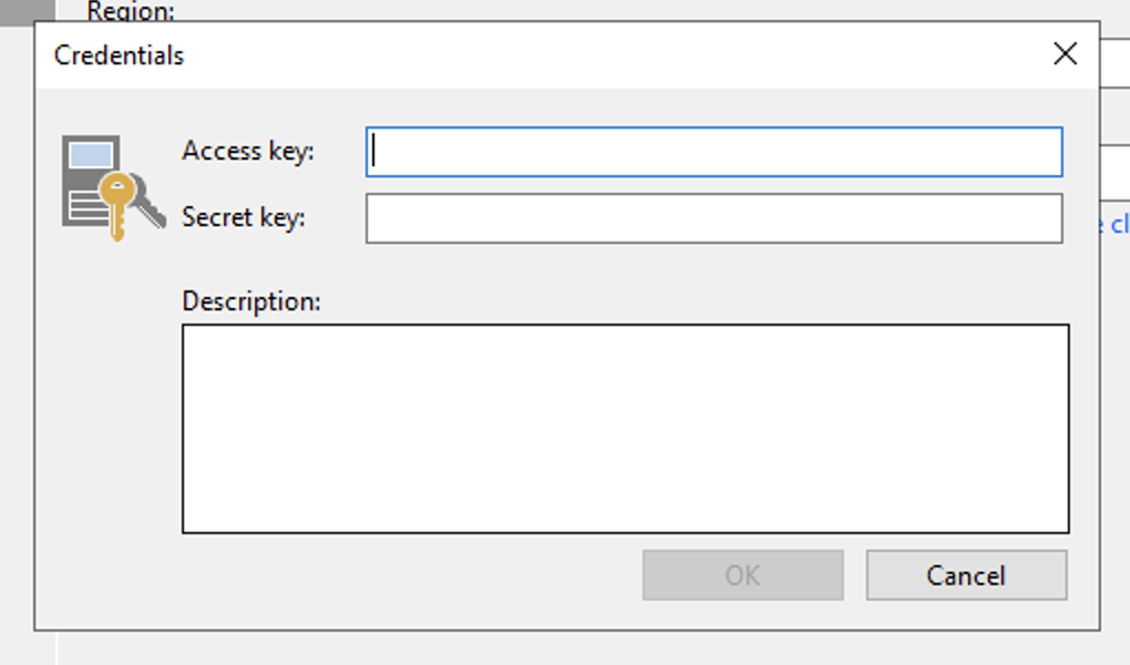 پنجره Credentials با فیلدهای خالی Access Key و Secret Key