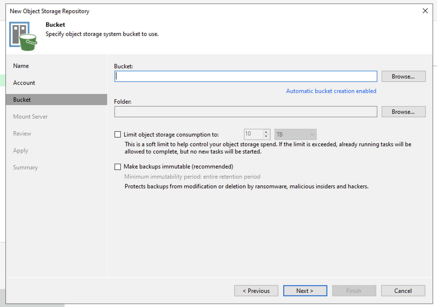 صفحه انتخاب Bucket و Folder در Veeam