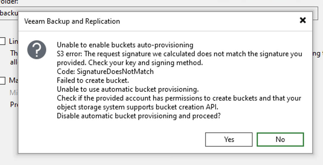 پیام Unable to enable buckets auto-provisioning و دکمه Yes