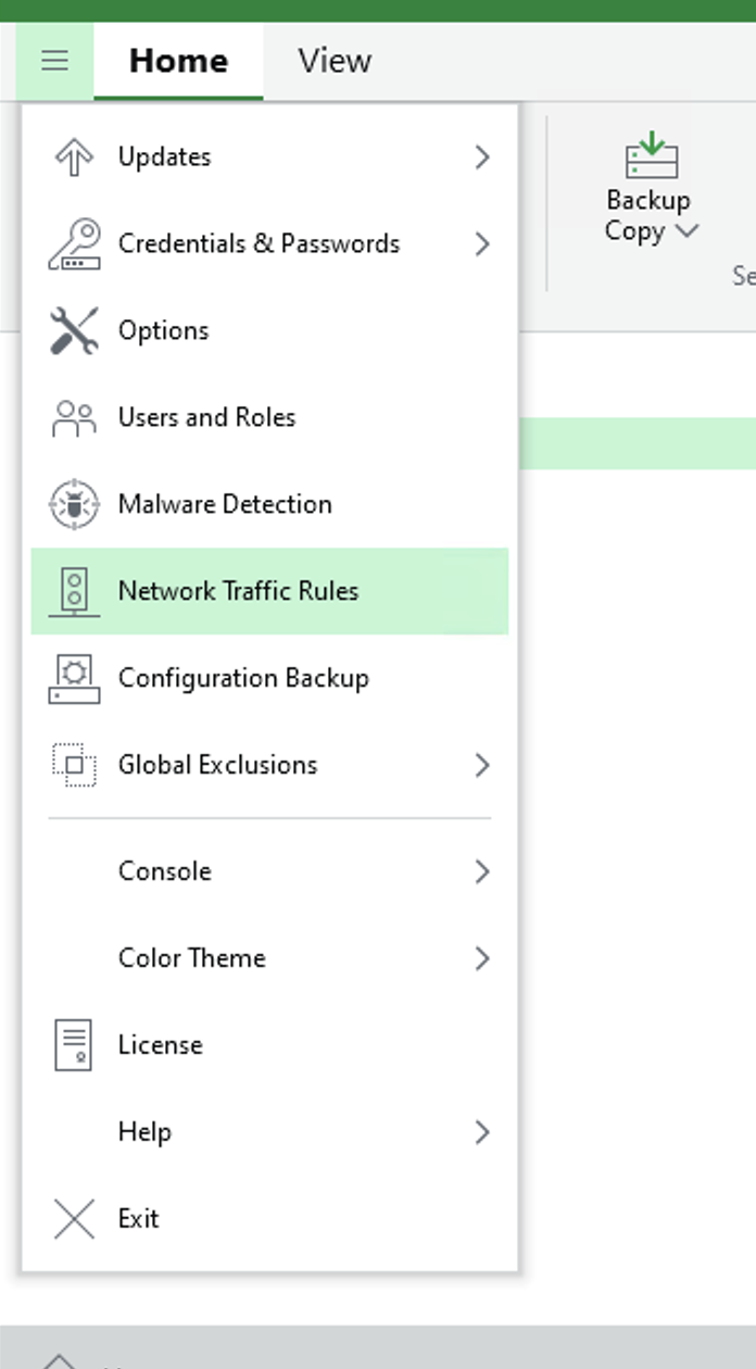 انتخاب Network Traffic Rules از منوی اصلی Veeam