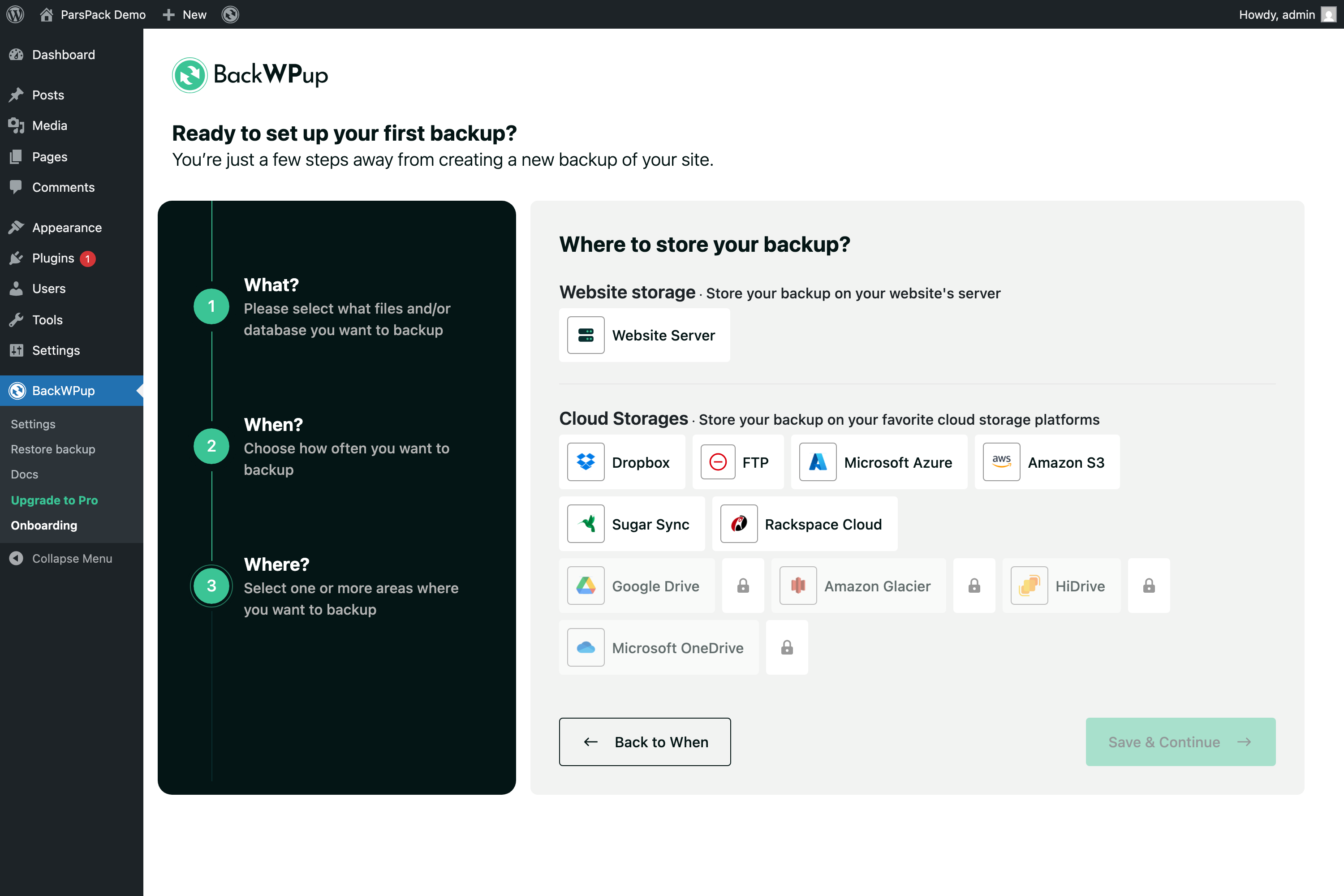 گام سوم ویزارد BackWPup و انتخاب Amazon S3 از فهرست فضاهای ابری