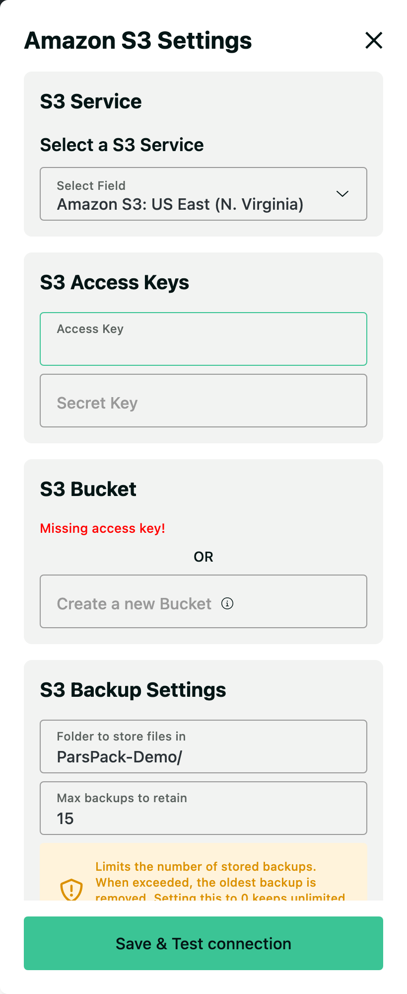 پنل Amazon S3 Settings در BackWPup با فهرست سرویس‌های آماده