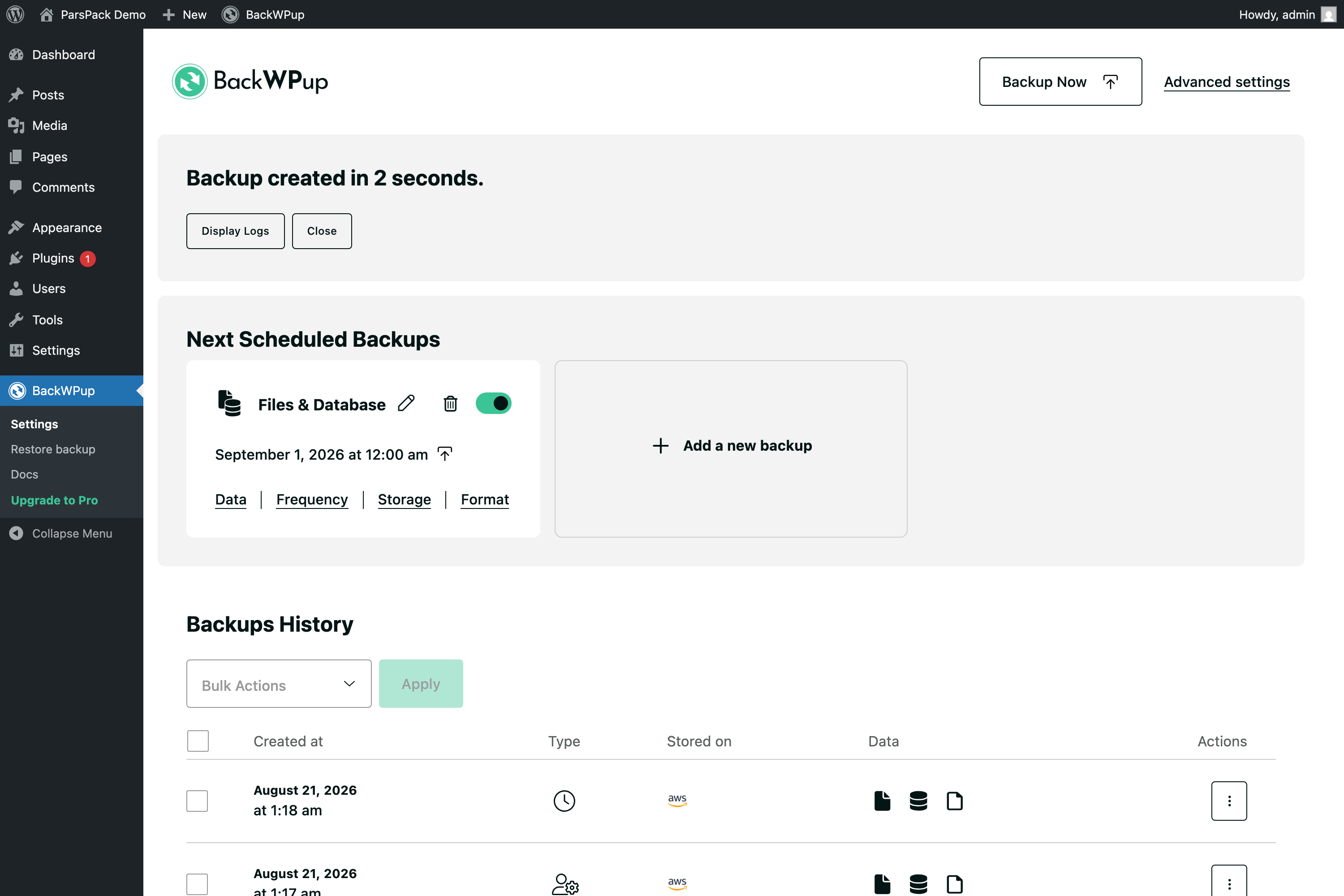 پیام پایان موفق بکاپ در BackWPup و فهرست بکاپ‌ها